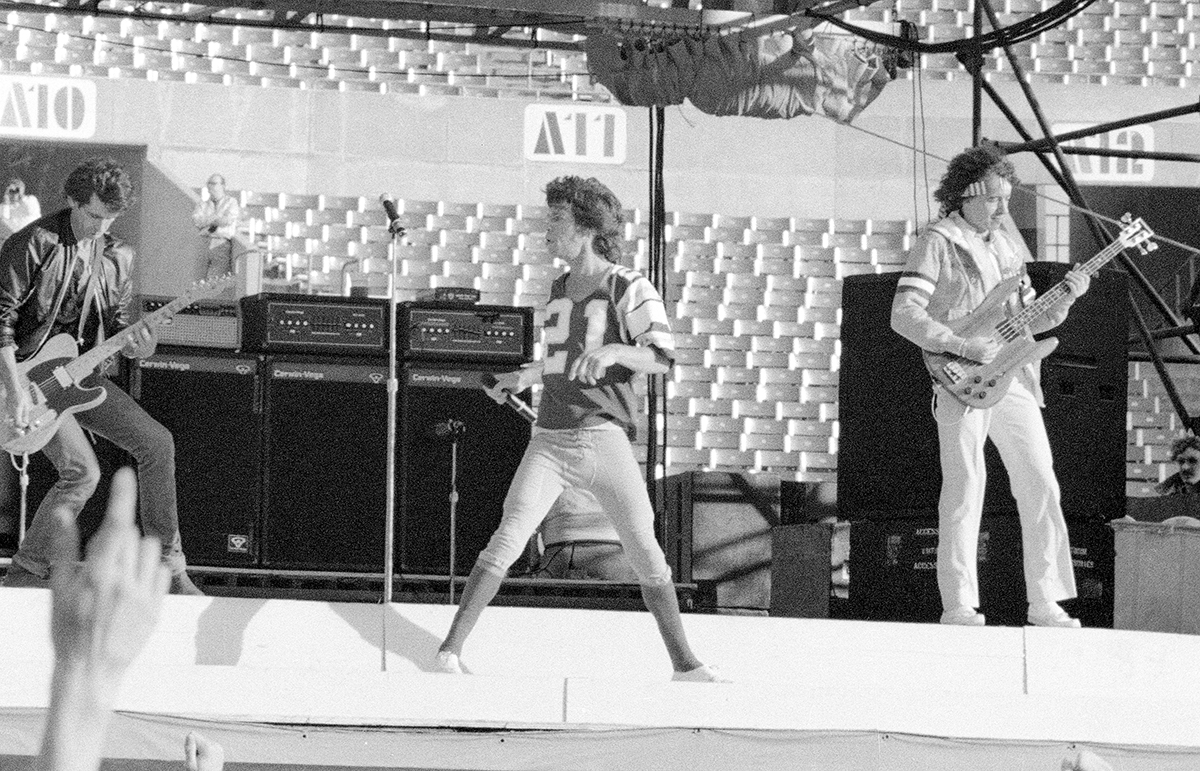 Mick Jagger, Keith Richards and Bill Wyman of the Rolling Stones live at Rich Stadium, Buffalo NY, 1981 - concert photography by Chuck Spang